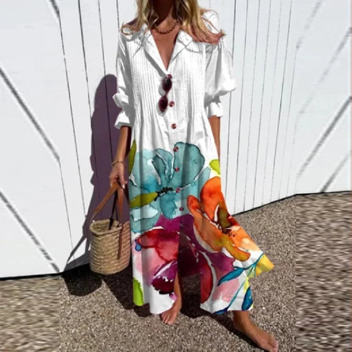 Boho maxi dress with white base and large colorful floral print, V-neck short sleeves