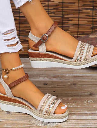 Woven espadrille wedge sandals with brown buckle straps and multicolor woven side panels