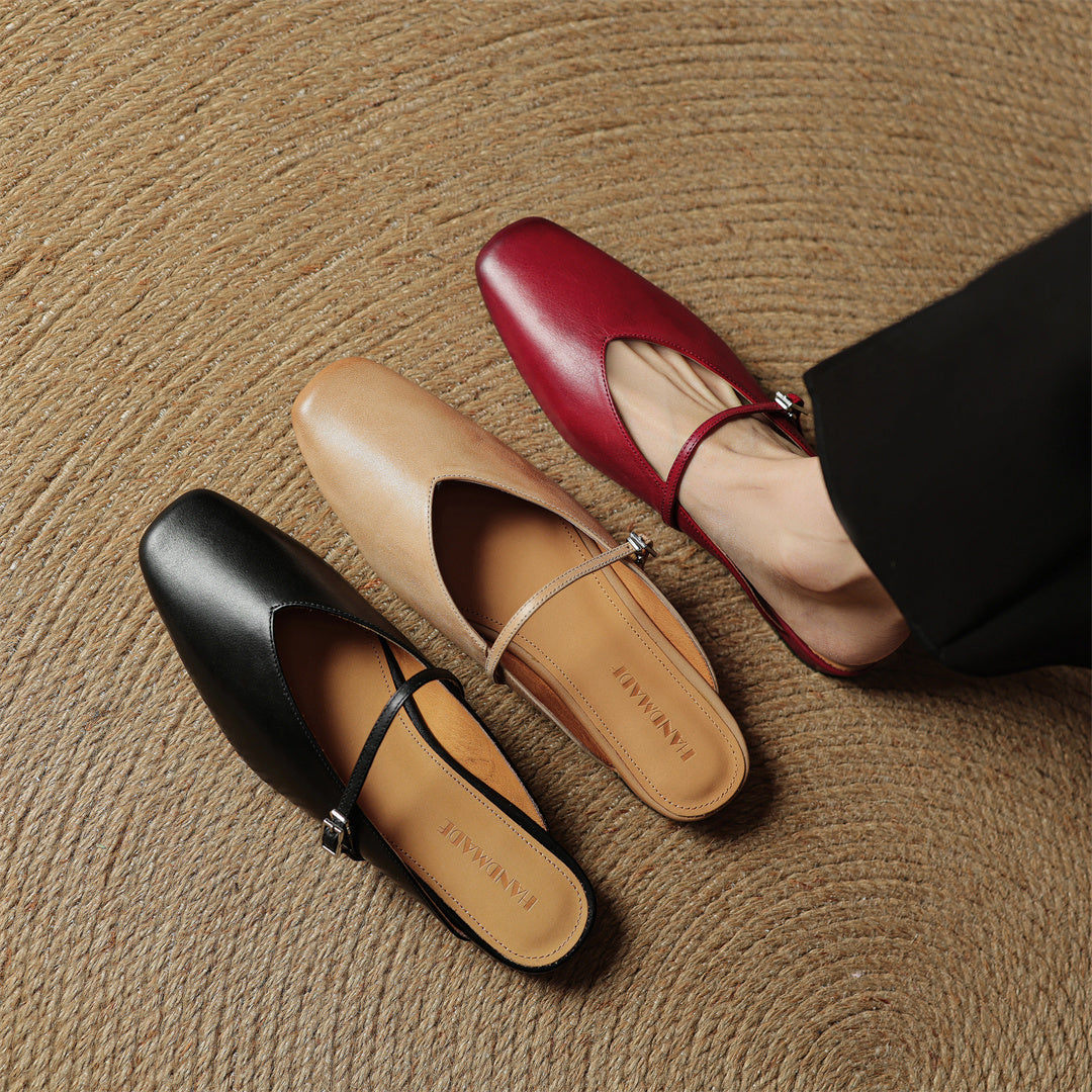 Genuine leather mule flats: black and red with ankle strap and pointed toe