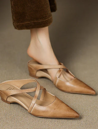Tan leather mules pair, pointed toe with slingback straps and low block heel.