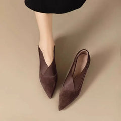 Brown suede pointed-toe heeled pumps with slim heel and slip-on shape