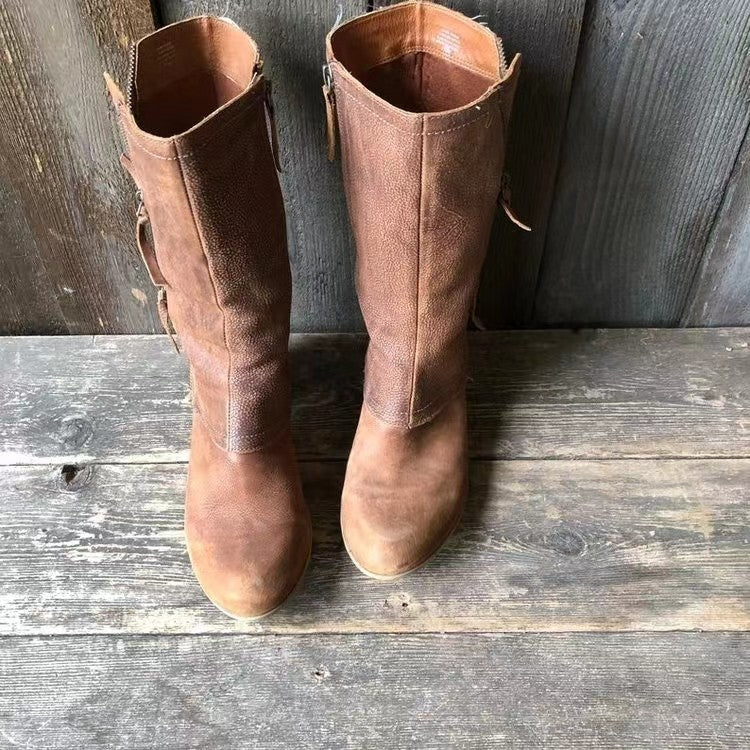 Brown suede-look tall boots with side zip, almond toe, stacked heel