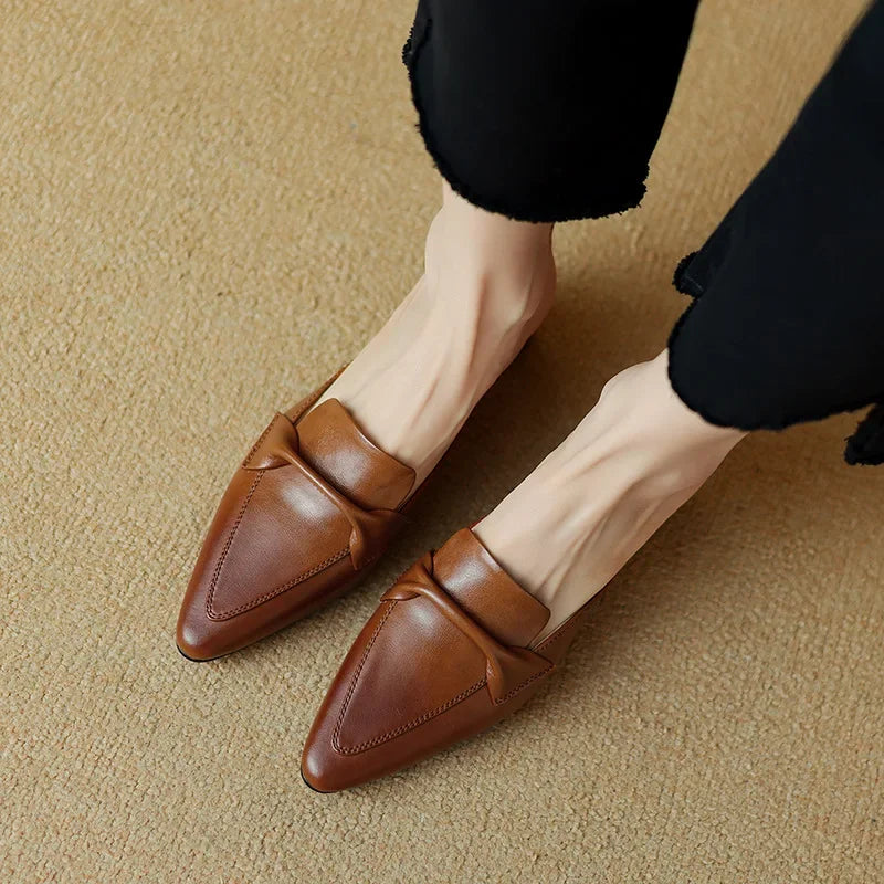 Brown genuine leather mules, slip-on loafer style with low block heels