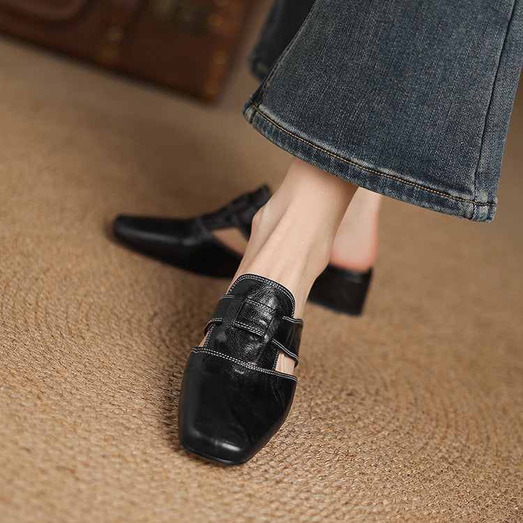 Black genuine leather mule with buckle strap and low block heel