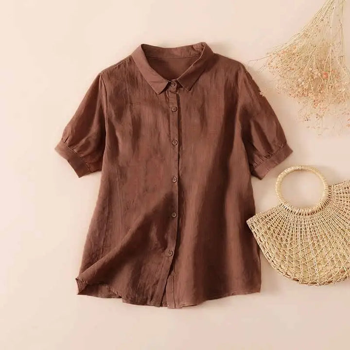 Casual short-sleeve button-up shirt with collar and front buttons, brown