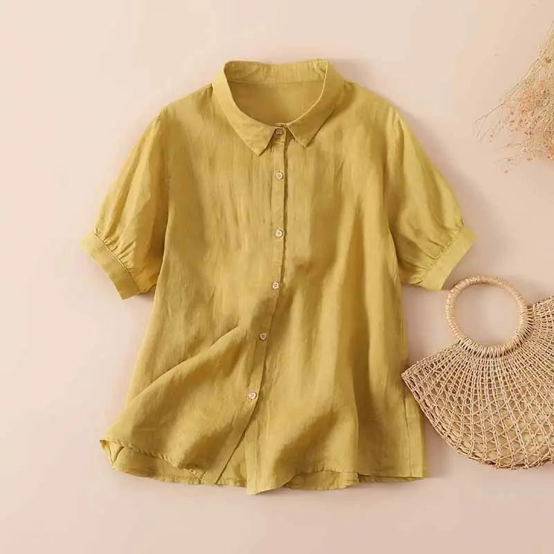 Yellow casual button-up short-sleeve shirt with pointed collar and front button placket