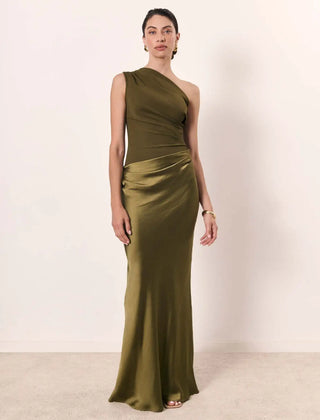 One-shoulder maxi dress in olive green, sleeveless one-shoulder with draped waist
