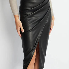 Black leather midi skirt with wrap-style drape and front slit