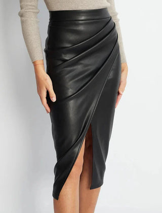 Black leather midi skirt with wrap-style drape and front slit