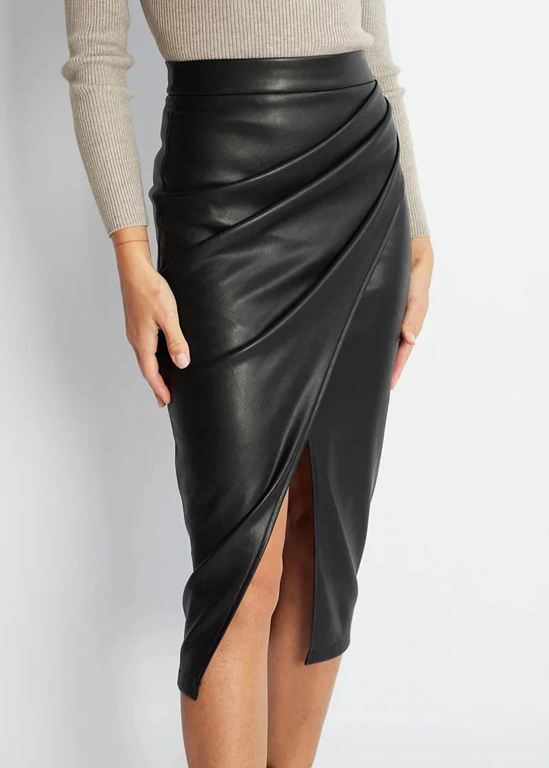 Black leather midi skirt with wrap-style drape and front slit