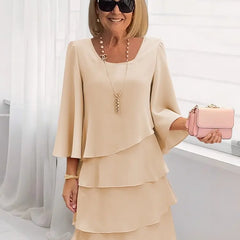 Cream pearl ruffle tiered dress with flared sleeves and square neckline