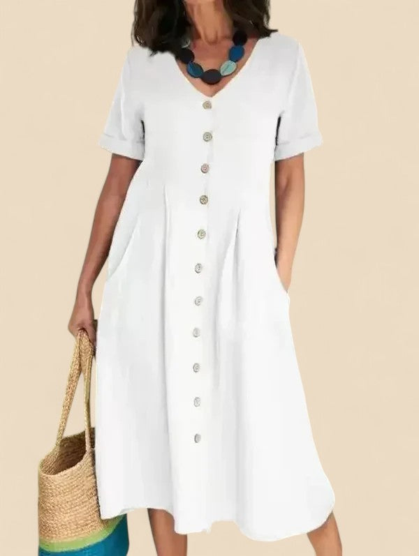 White short-sleeve button-front V-neck midi dress with gathered waist