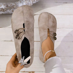 Women’s orthopedic suede loafers, beige lace-up with medallion buttons and sparkly charm