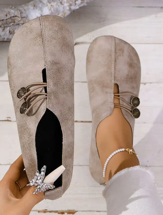 Women’s orthopedic suede loafers, beige lace-up with medallion buttons and sparkly charm