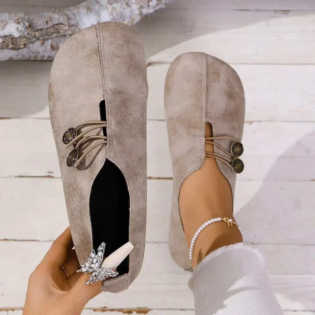 Women’s orthopedic suede loafers, beige lace-up with medallion buttons and sparkly charm