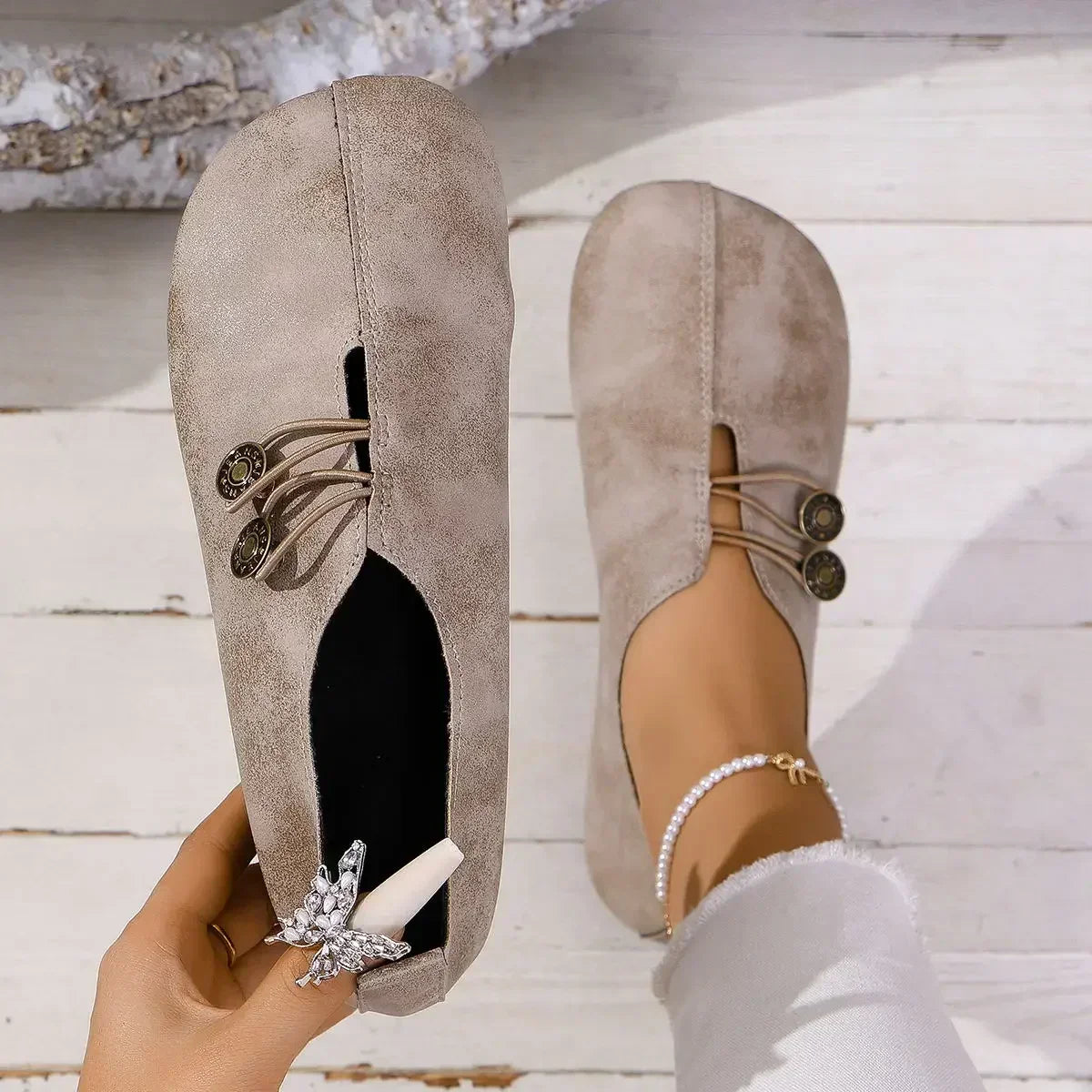 Women’s orthopedic suede loafers, beige lace-up with medallion buttons and sparkly charm