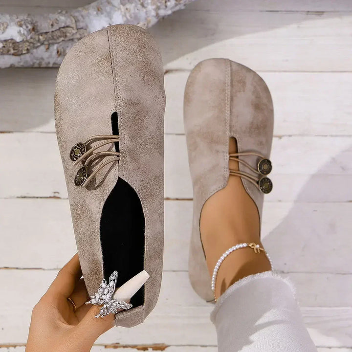 Women’s orthopedic suede loafers, beige lace-up with medallion buttons and sparkly charm