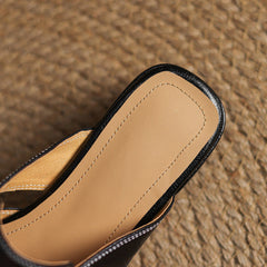 Apricot leather mule close-up with tan lining and stitched edge