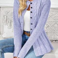 Lavender ribbed cardigan with button front, long sleeves, and peplum hem