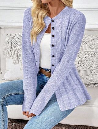 Lavender ribbed cardigan with button front, long sleeves, and peplum hem