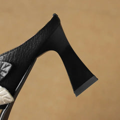 Garnet genuine leather heels, black side view with block heel and sculpted upper