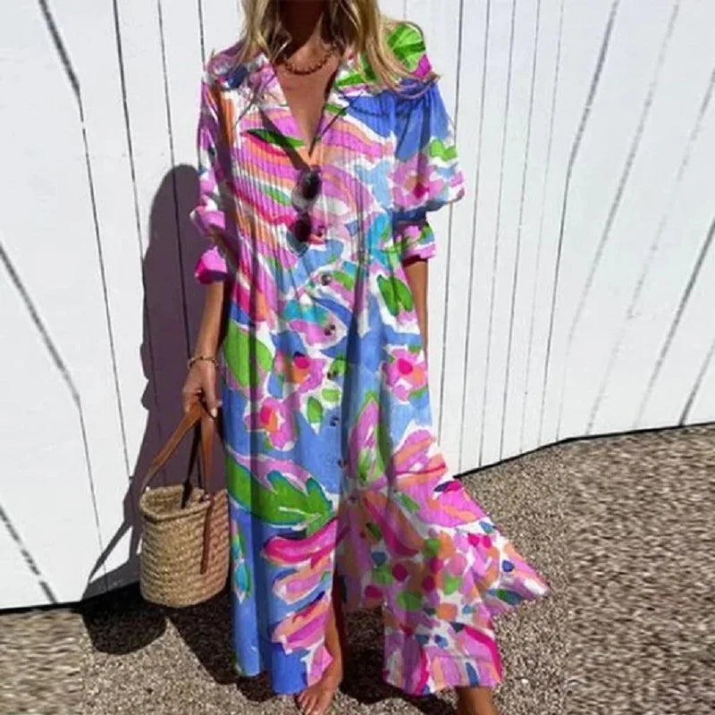 Boho maxi dress with bright multicolor abstract floral print, V-neck, short sleeves