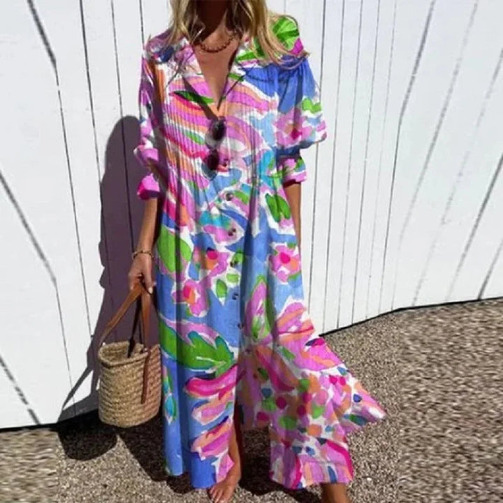 Boho maxi dress with bright multicolor abstract floral print, V-neck, short sleeves