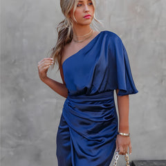 One-shoulder satin silk party dress in deep blue with draped neckline and side slit