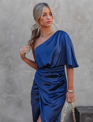 One-shoulder satin silk party dress in deep blue with draped neckline and side slit