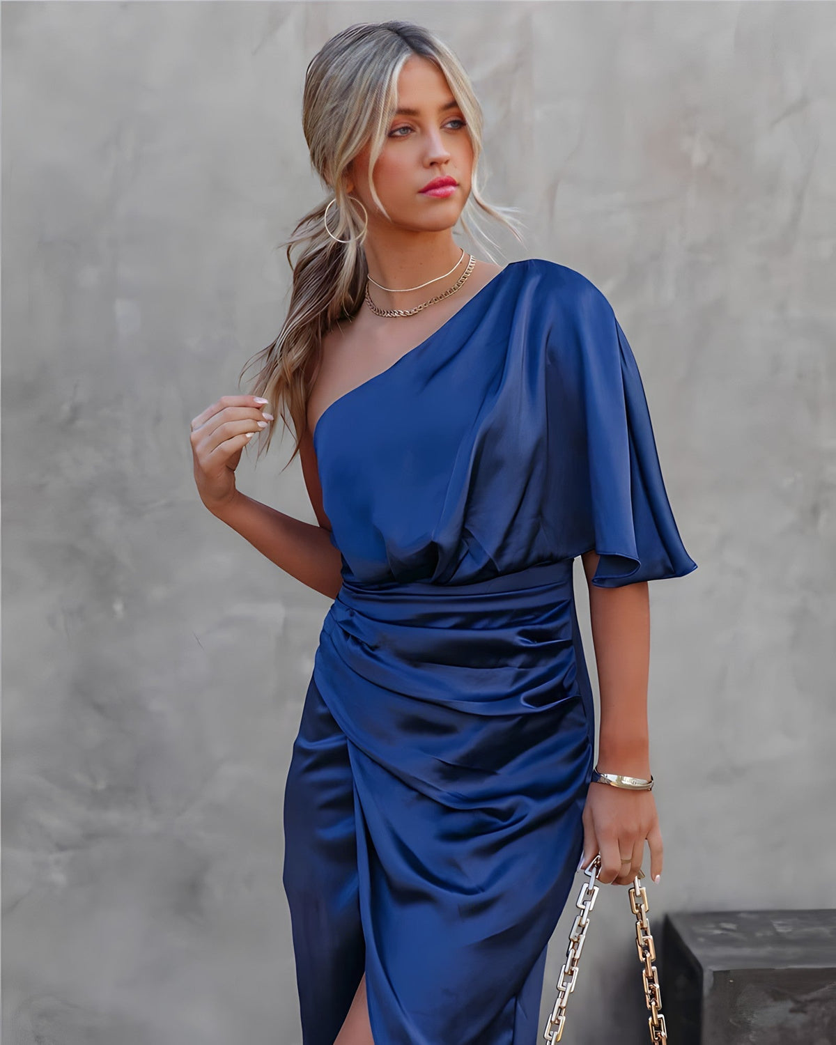 One-shoulder satin silk party dress in deep blue with draped neckline and side slit