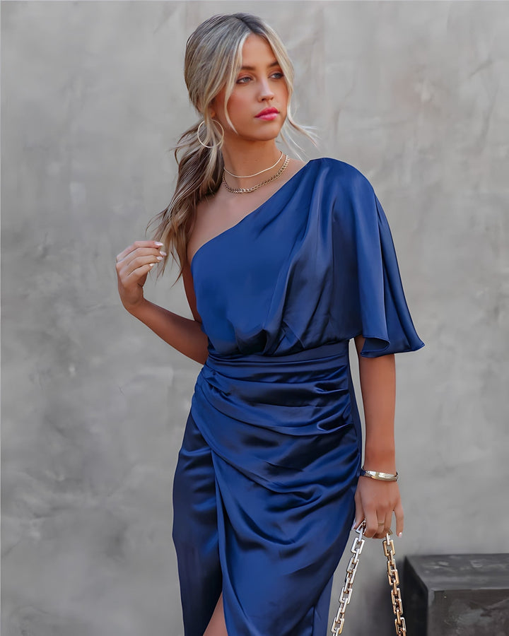One-shoulder satin silk party dress in deep blue with draped neckline and side slit