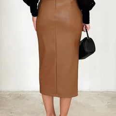 Tan/brown leather midi skirt with clean front panels and side slit