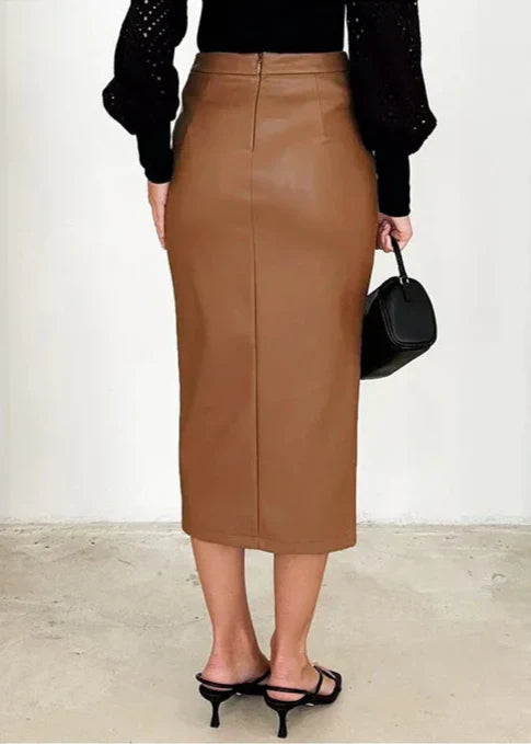 Tan/brown leather midi skirt with clean front panels and side slit