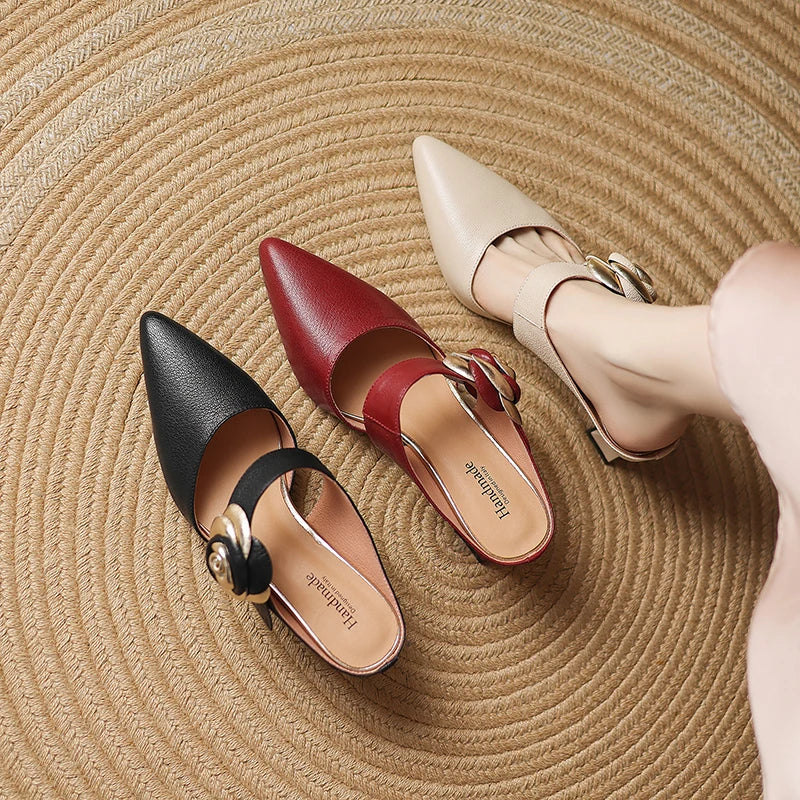 Garnet genuine leather heels in black, maroon, and beige with gold-tone buckles