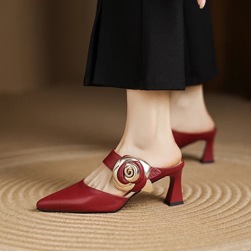 Maroon genuine leather pointed-toe slingback heels with rose buckle on ankle strap