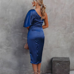Blue satin one-shoulder midi dress with gathered back and side button detail