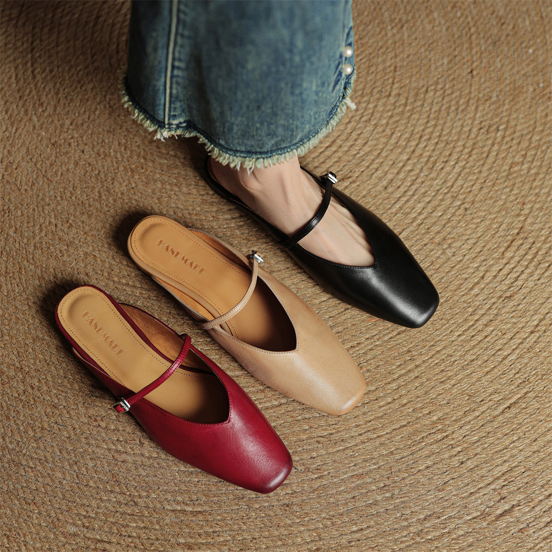 Genuine leather mule flats in black, apricot, and maroon with ankle strap