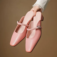 Pink genuine leather Mary Jane mules with elastic strap and square toe low block heel