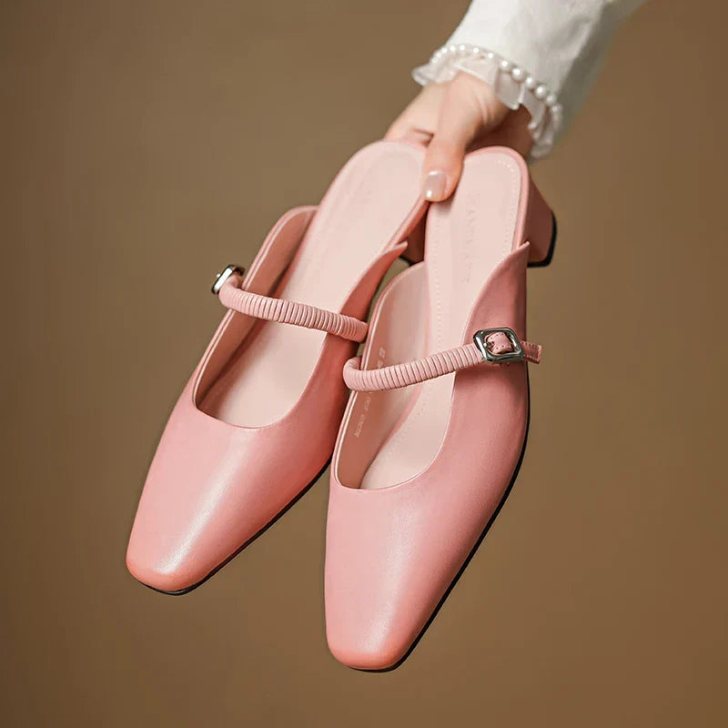 Pink genuine leather Mary Jane mules with elastic strap and square toe low block heel