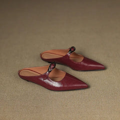 Alour genuine leather maroon mules, pointed toe, silver buckle strap, flat pair