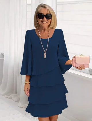 Navy blue ruffle tiered dress with flared sleeves and square neckline