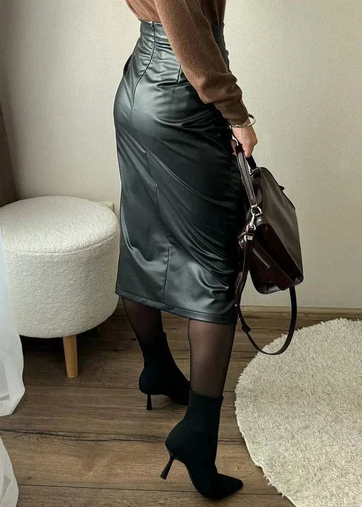 Dark teal leather pencil midi skirt with wrap drape and front slit