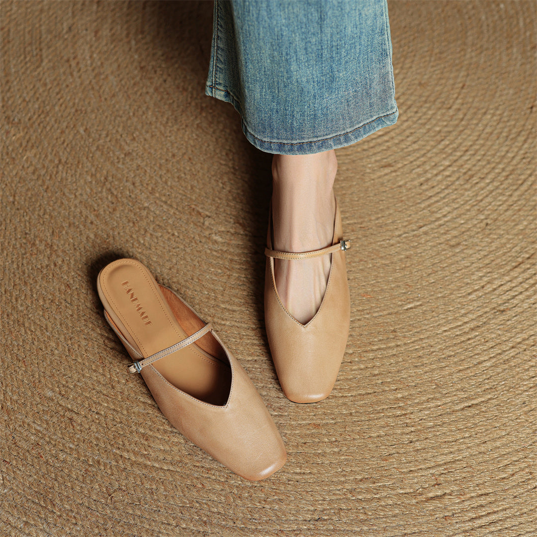 Miral genuine leather mules in apricot, pointed toe with thin sling strap