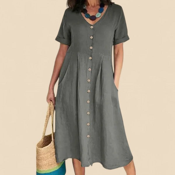 Gray short-sleeve button-front V-neck midi dress with gathered waist