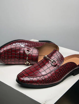 Red croc-texture mule shoes with slip-on strap and low black block heel