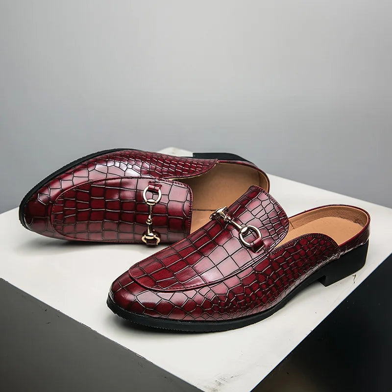 Red croc-texture mule shoes with slip-on strap and low black block heel