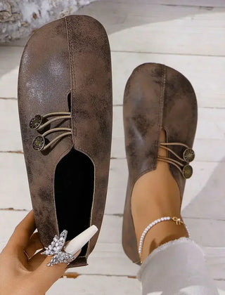 Women’s orthopedic suede loafers, brown lace-up with medallion buttons and sparkly charm