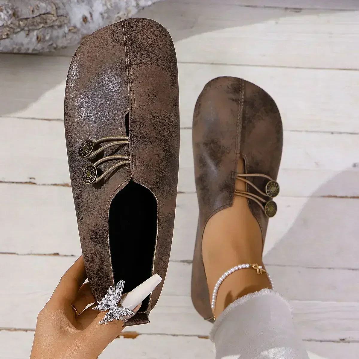 Women’s orthopedic suede loafers, brown lace-up with medallion buttons and sparkly charm