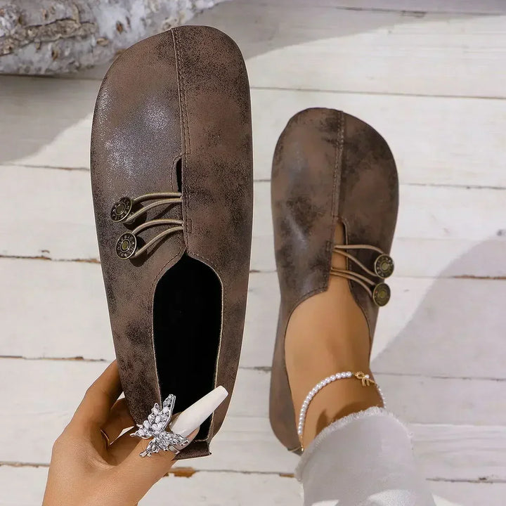 Women’s orthopedic suede loafers, brown lace-up with medallion buttons and sparkly charm