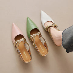 Pink, green, and white leather mules with pointed toe and gold buckle ankle strap